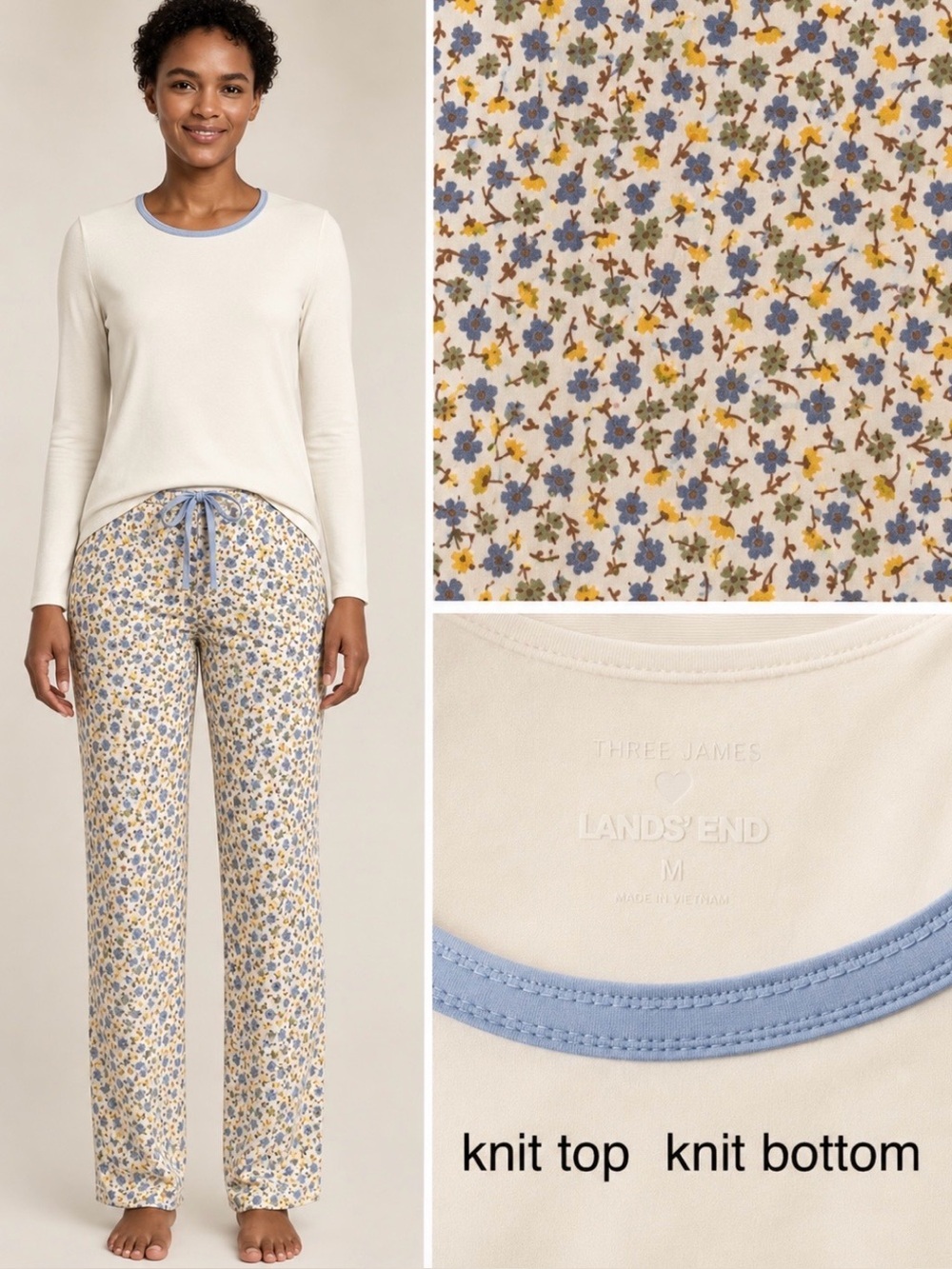 LANDSEND Pajamas Set Cotton Knit Long Sleeve Top and Long Pants